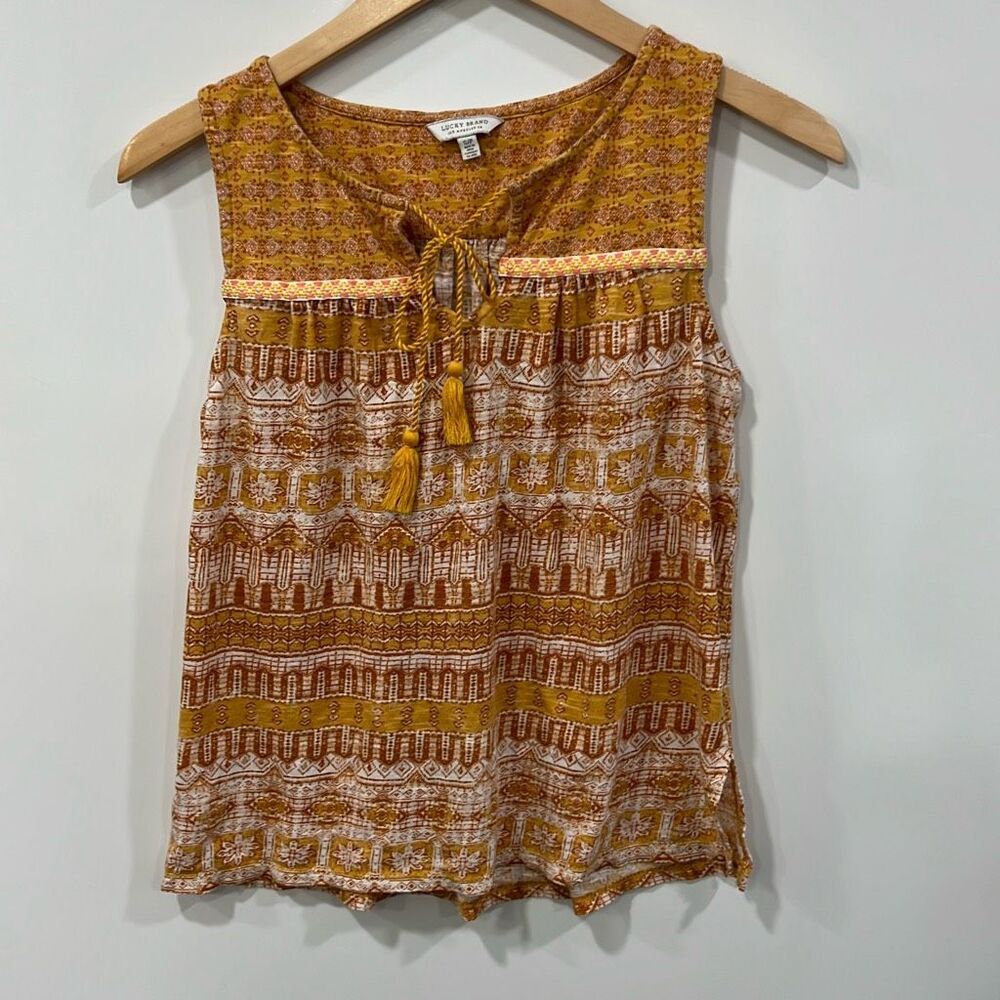 Lucky Brand Boho Print Tassel Top Small